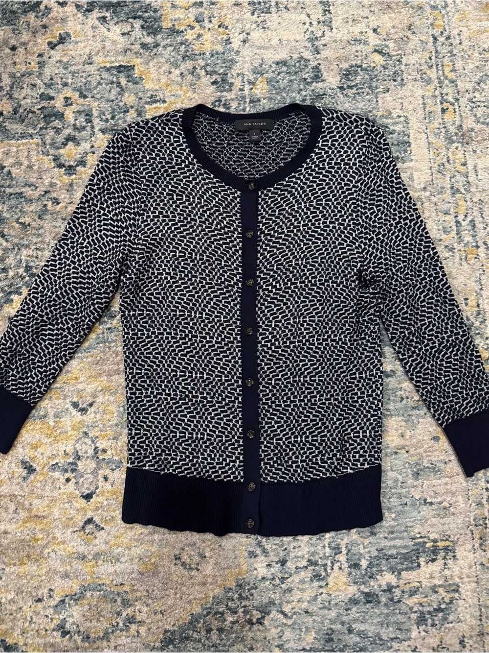 Ann Taylor Navy and White Open Weave Button Cardigan